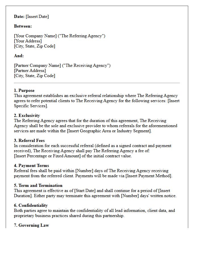Exclusive Agency Referral Agreement Letter