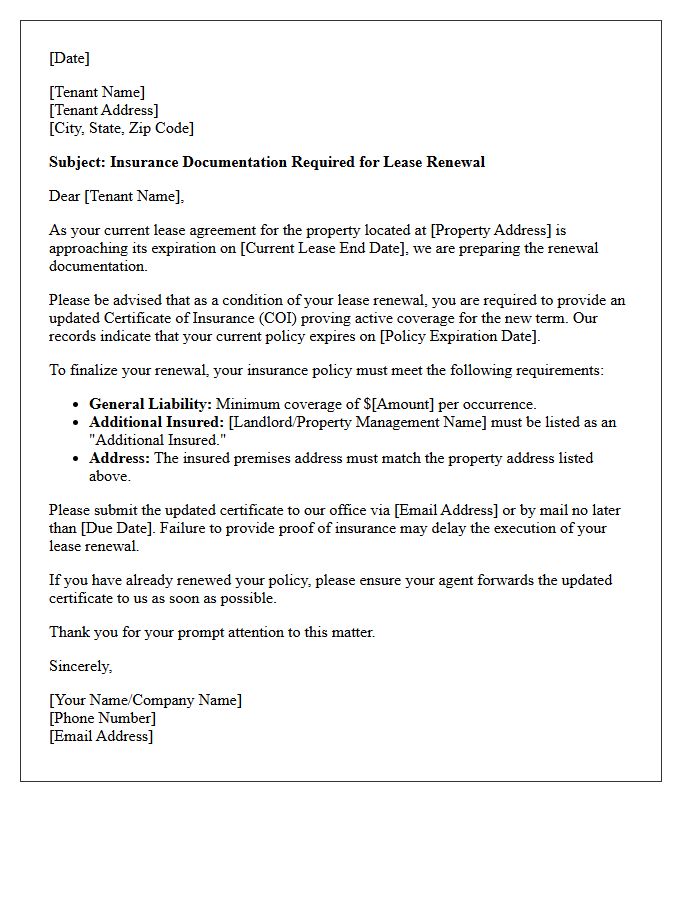 Lease Renewal Insurance Requirement Letter