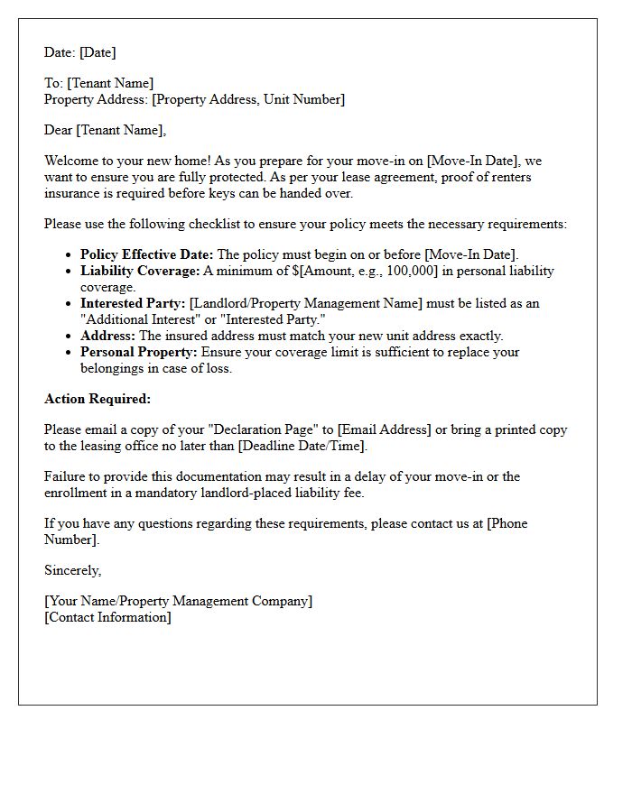 Move-In Day Renters Insurance Checklist Letter