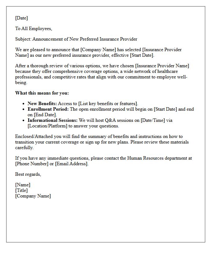 Preferred Insurance Provider Announcement Letter