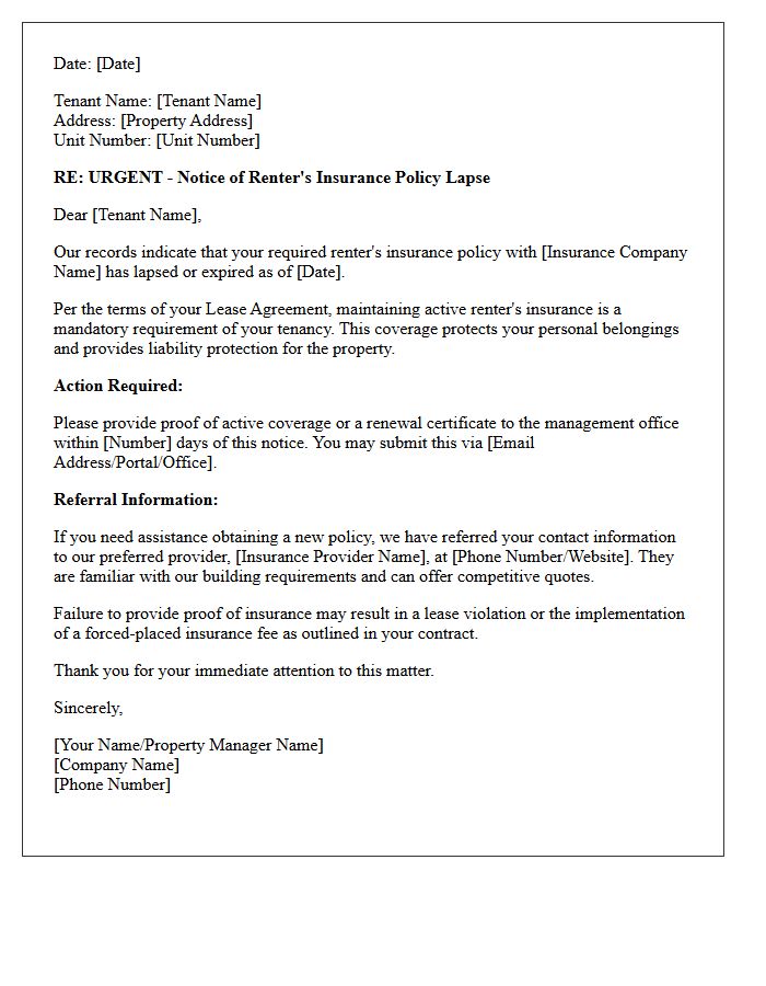 Tenant Policy Lapse Warning Referral Letter