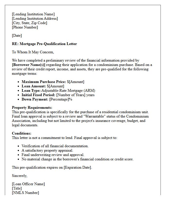 Adjustable-Rate Mortgage Condominium Pre-Qualification Letter
