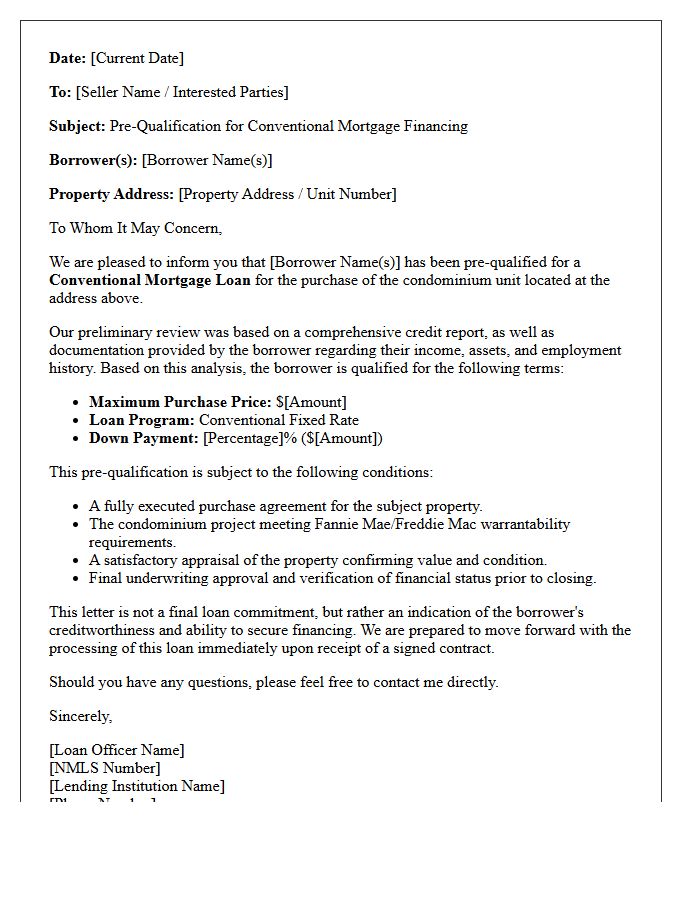 Conventional Mortgage Condominium Pre-Qualification Letter