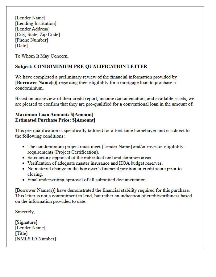 First-Time Buyer Condominium Pre-Qualification Letter