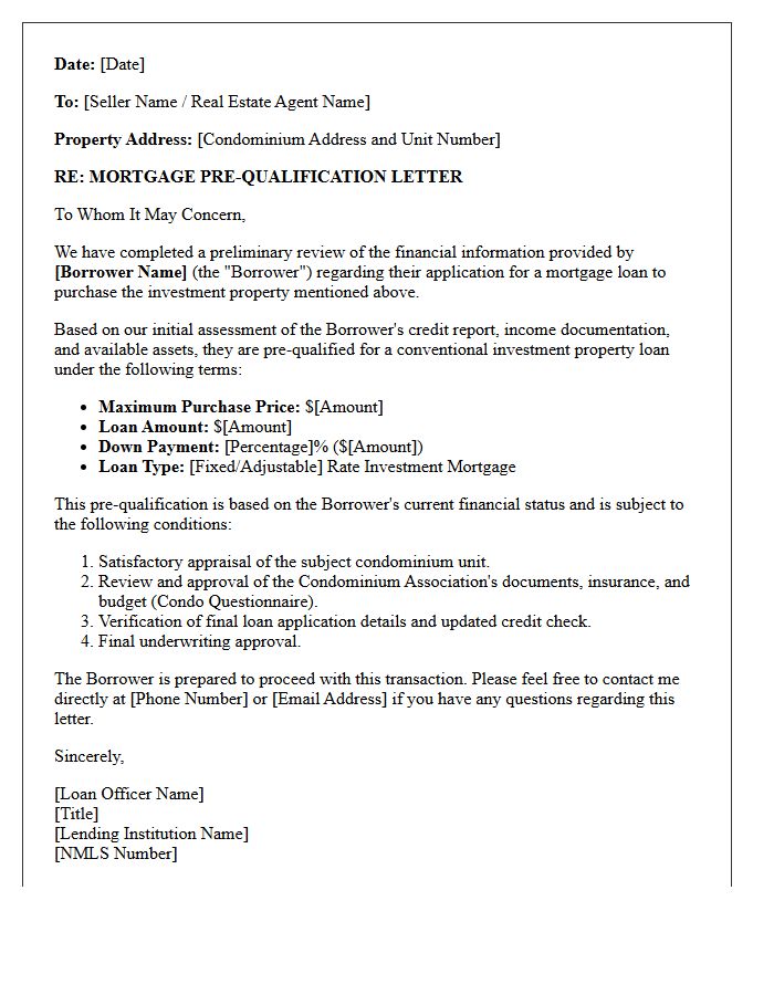 Investment Property Condominium Pre-Qualification Letter
