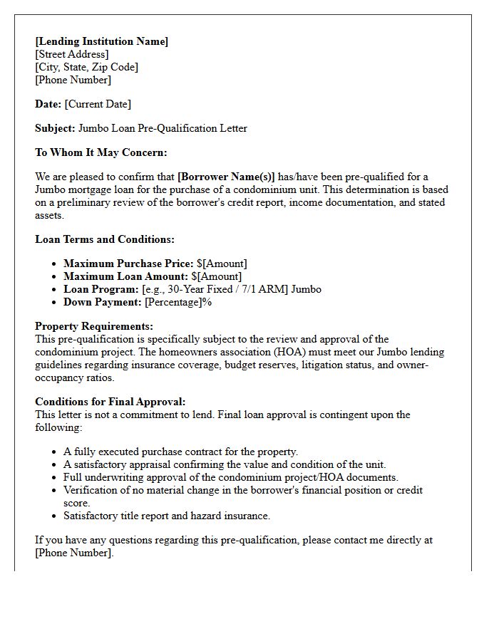Jumbo Loan Condominium Purchase Pre-Qualification Letter