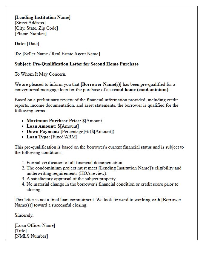 Second Home Condominium Purchase Pre-Qualification Letter