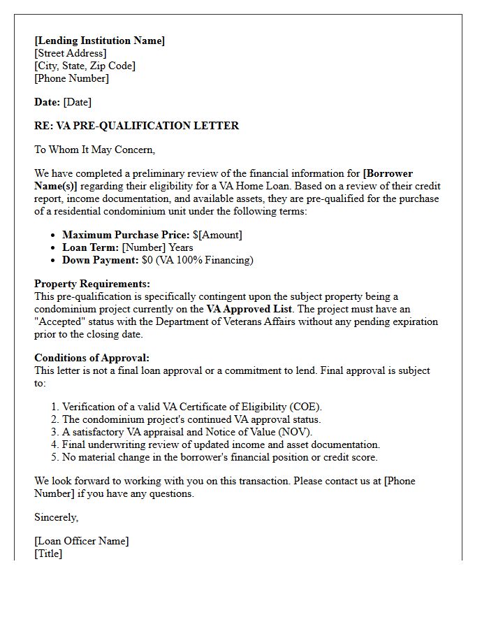VA Approved Condominium Purchase Pre-Qualification Letter