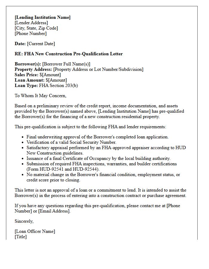 Federal Housing Administration New Construction Pre-Qualification Letter