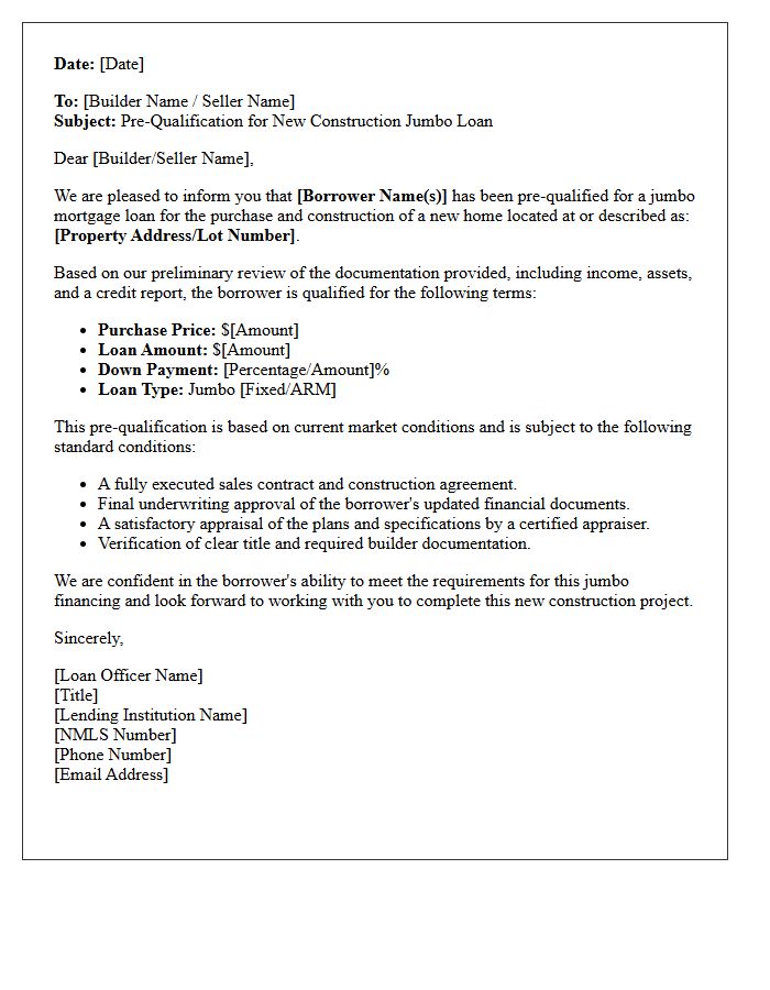 Jumbo Loan New Construction Pre-Qualification Letter