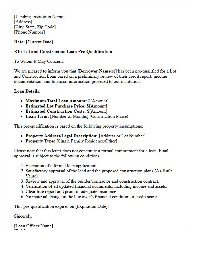 Lot And Construction Loan Pre-Qualification Letter