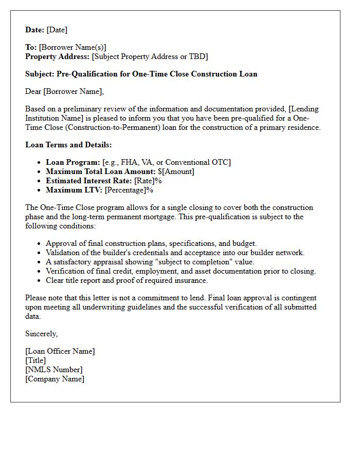 One-Time Close Construction Pre-Qualification Letter