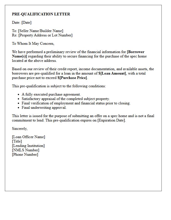 Spec Home Purchase Pre-Qualification Letter