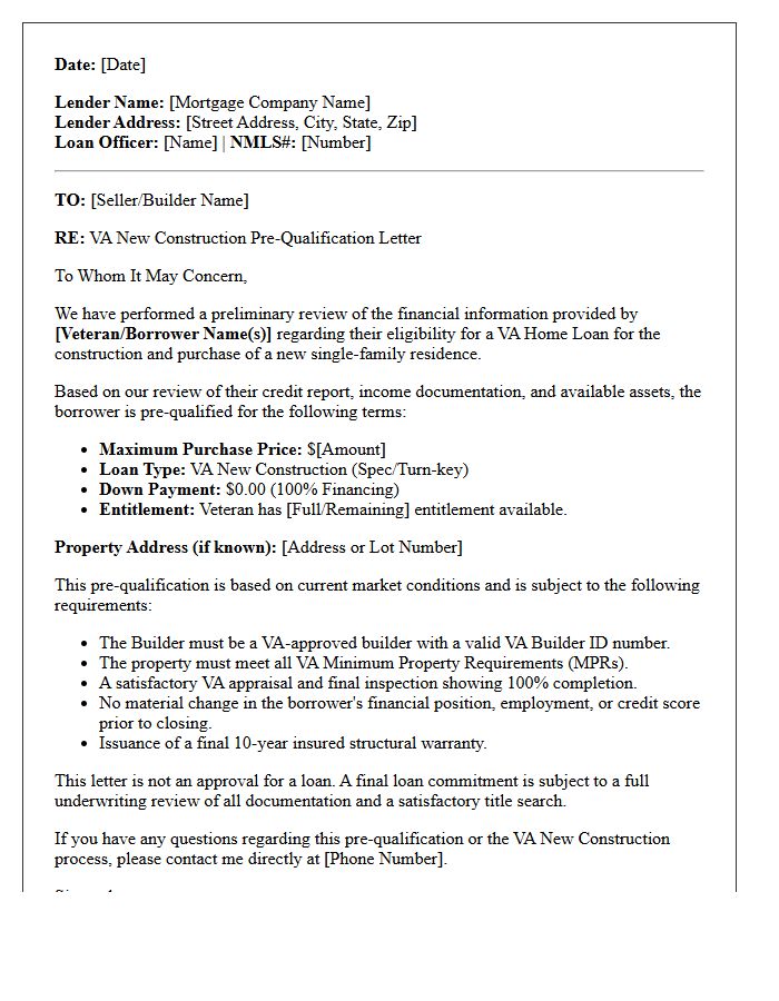 Veterans Affairs New Construction Pre-Qualification Letter
