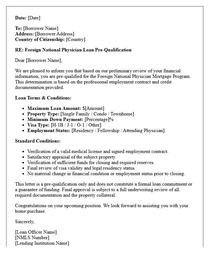 Foreign National Visa Physician Loan Pre-Qualification Letter