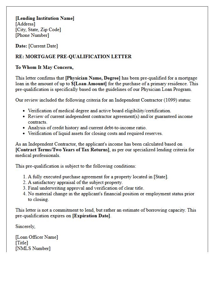 Independent Contractor Physician Loan Pre-Qualification Letter