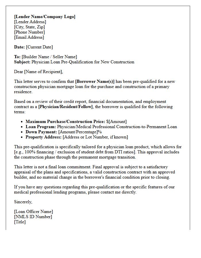 New Construction Physician Loan Pre-Qualification Letter