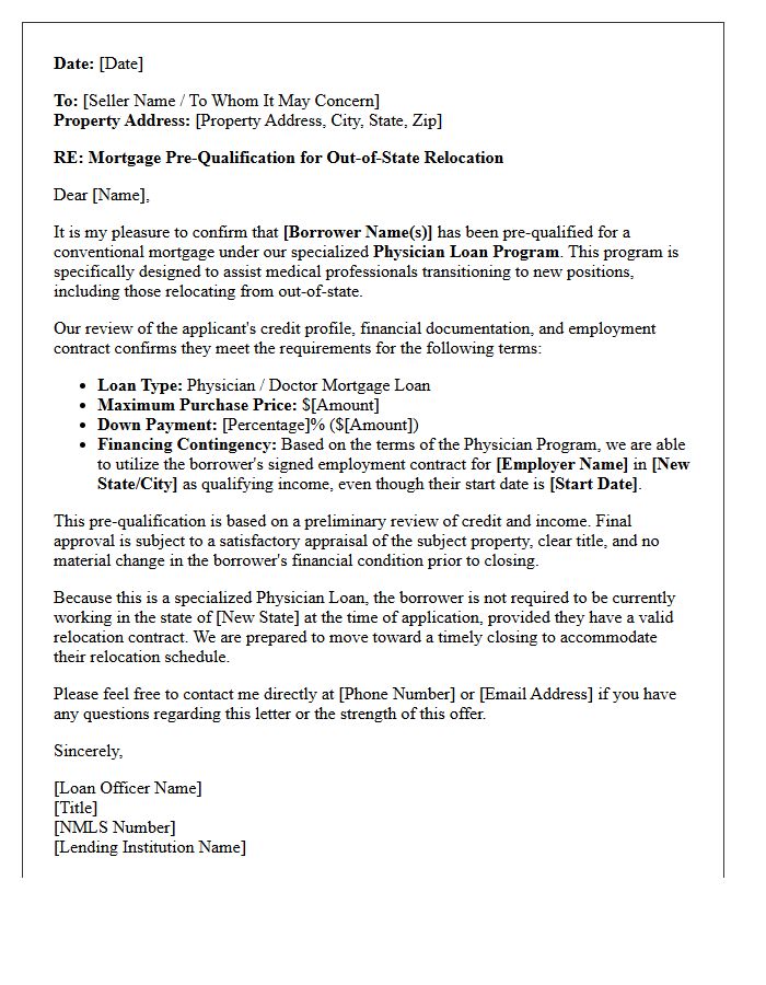 Out Of State Relocation Physician Loan Pre-Qualification Letter