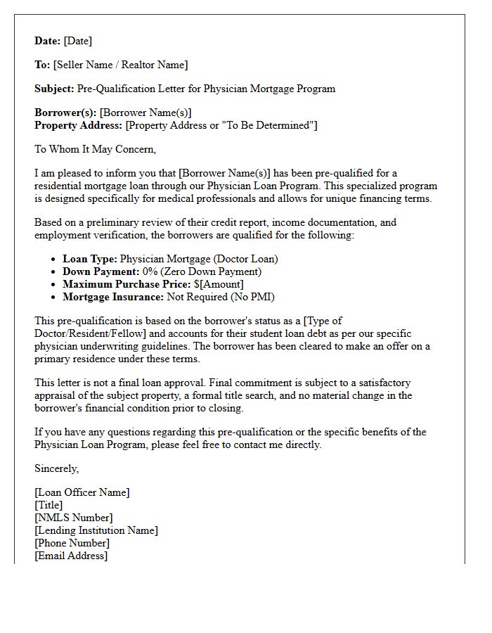 Zero Down Payment Physician Loan Pre-Qualification Letter