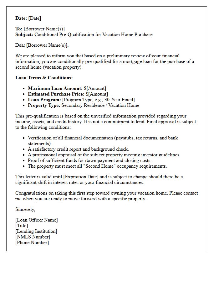 Conditional Vacation Home Pre-Qualification Letter