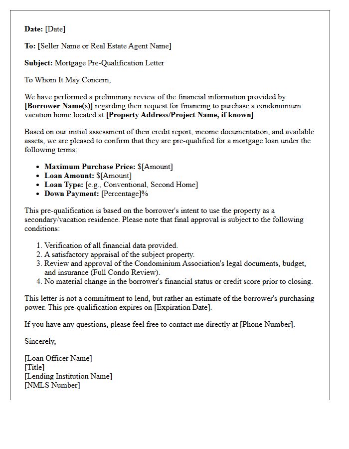 Condominium Vacation Home Pre-Qualification Letter