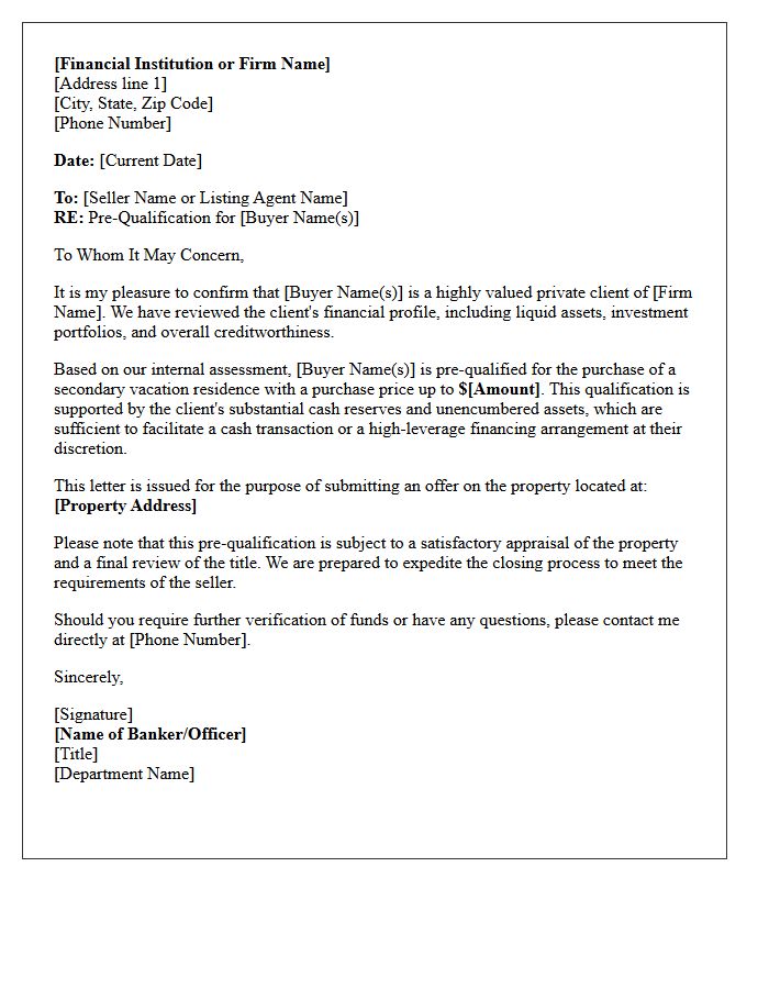 High Net Worth Vacation Home Pre-Qualification Letter