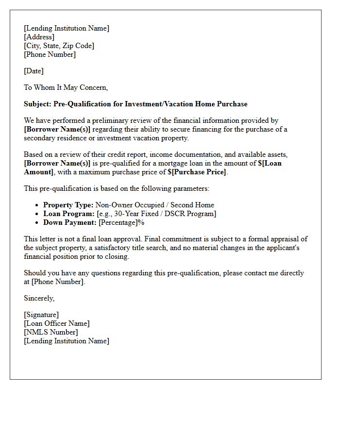 Investment Property Vacation Home Pre-Qualification Letter
