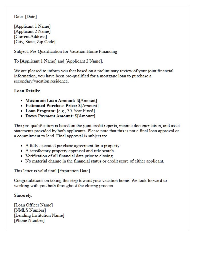 Joint Applicant Vacation Home Pre-Qualification Letter