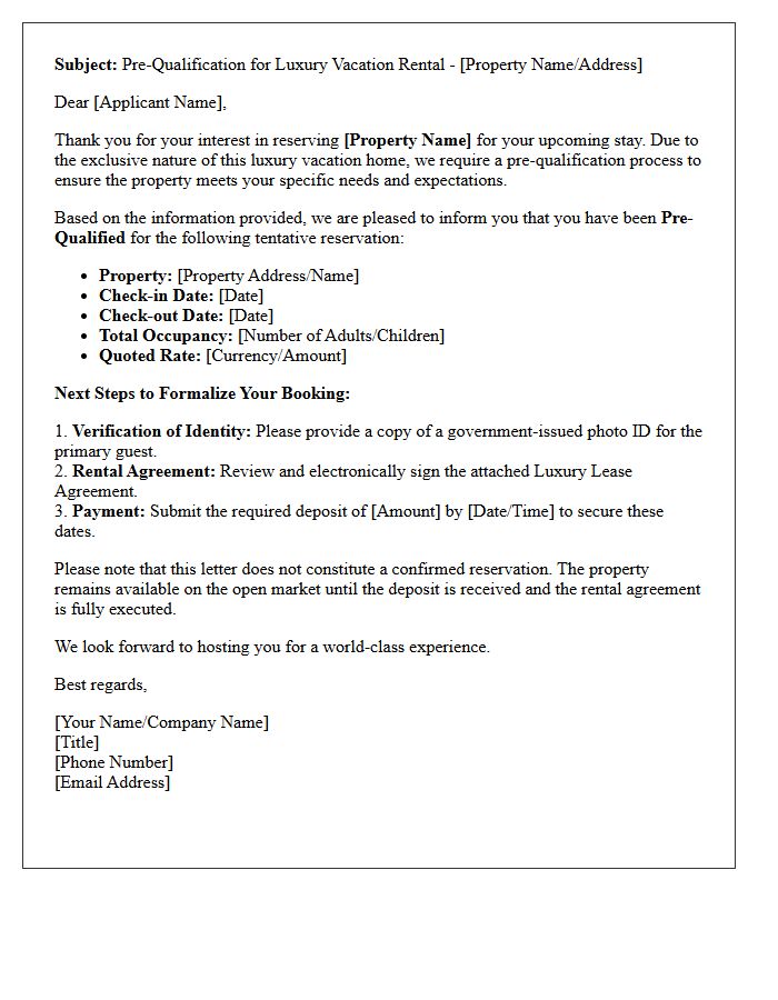 Luxury Vacation Home Pre-Qualification Letter