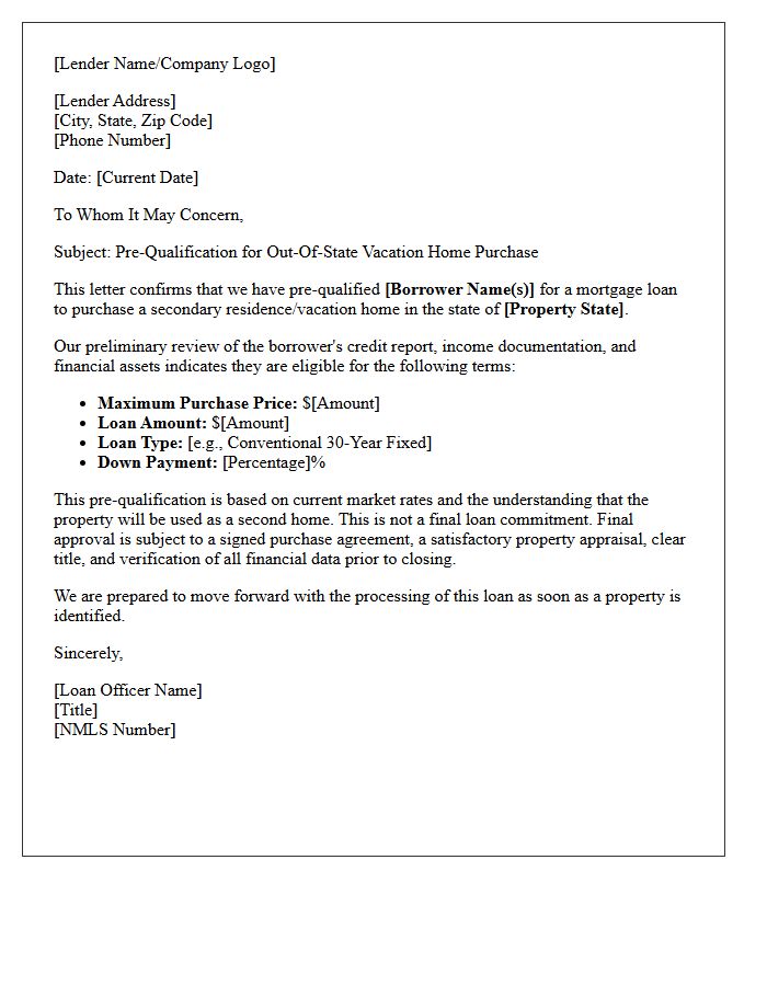 Out-Of-State Vacation Home Pre-Qualification Letter