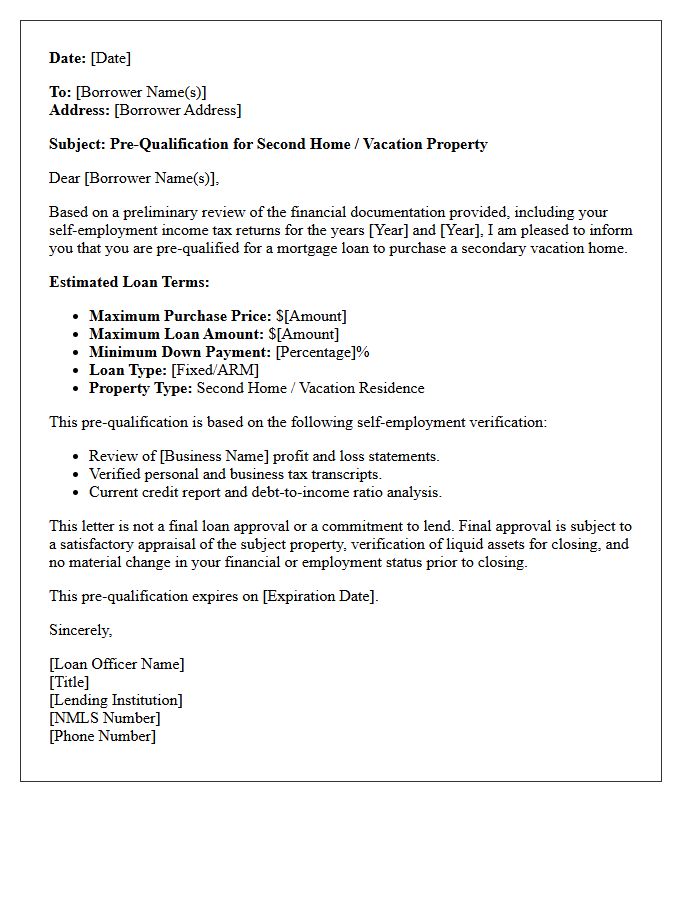 Self-Employed Borrower Vacation Home Pre-Qualification Letter