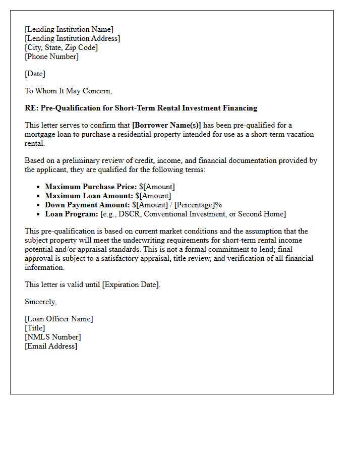 Short-Term Rental Vacation Home Pre-Qualification Letter