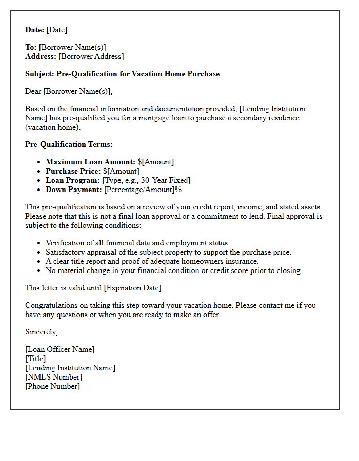 Standard Vacation Home Pre-Qualification Letter