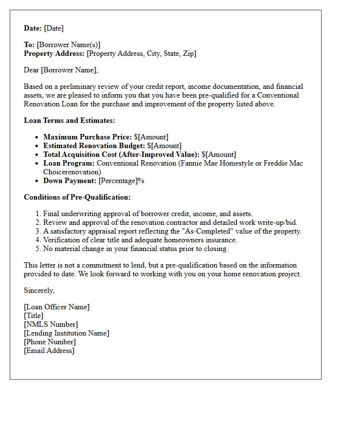 Conventional Renovation Financing Pre-Qualification Letter