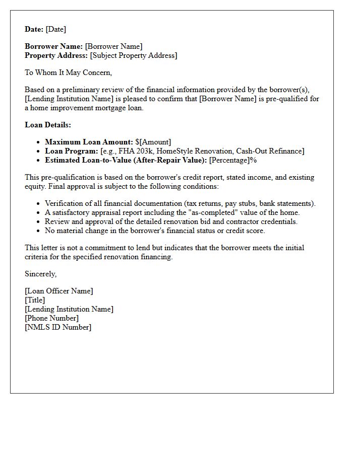 Home Improvement Mortgage Pre-Qualification Letter