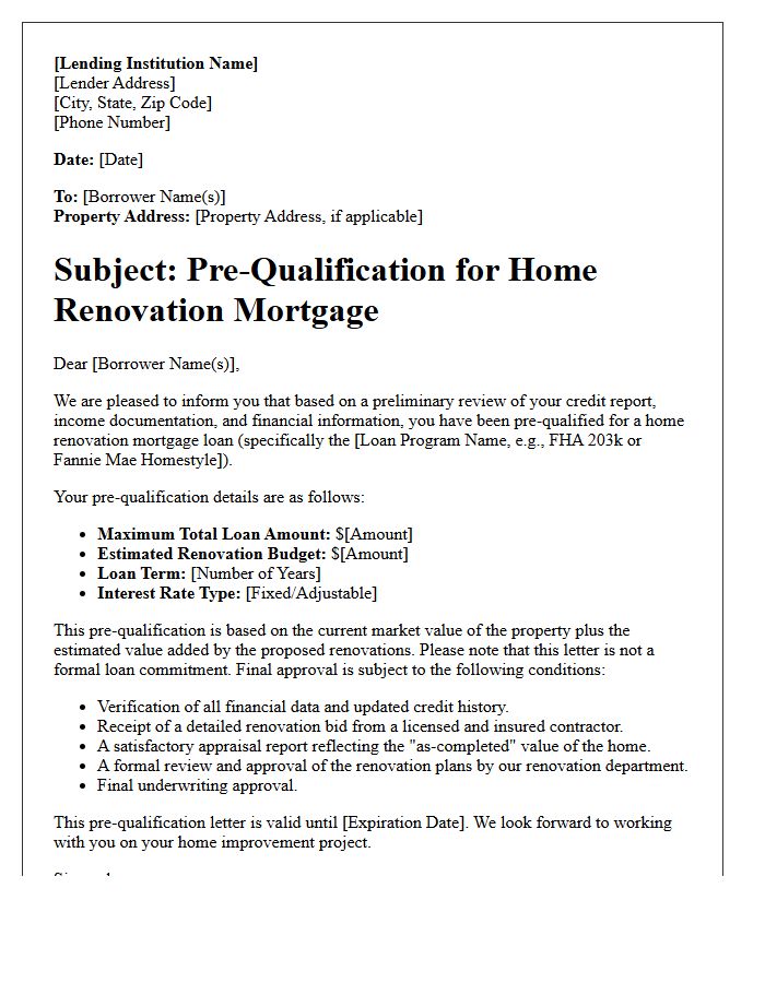 Home Renovation Mortgage Pre-Qualification Letter