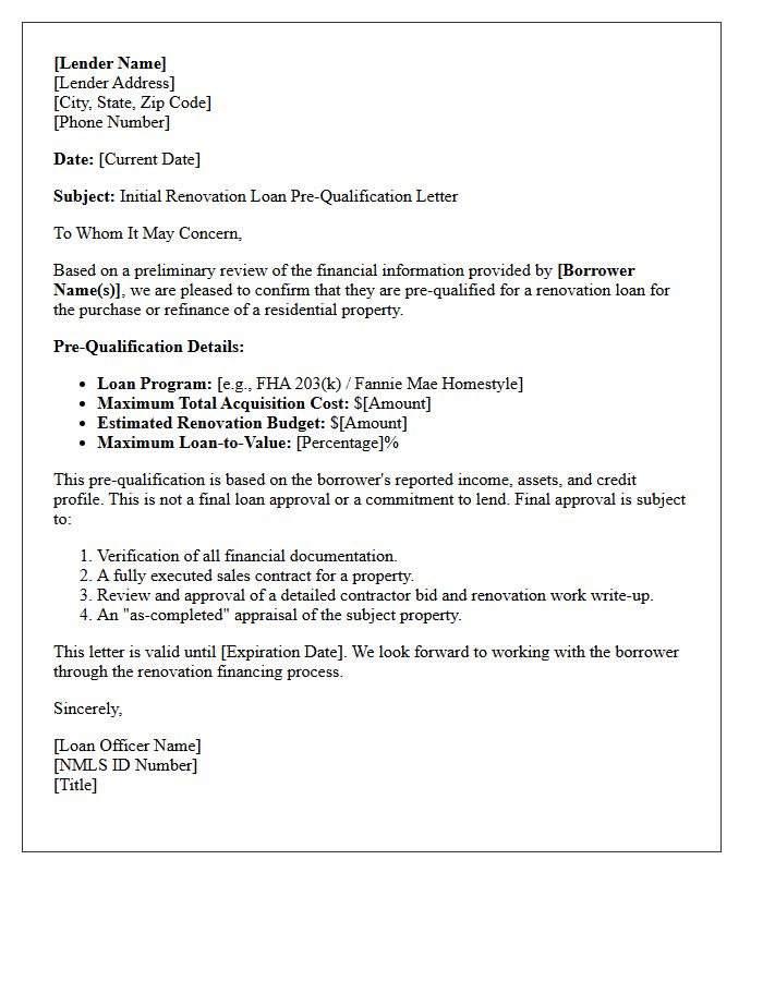 Initial Renovation Loan Pre-Qualification Letter