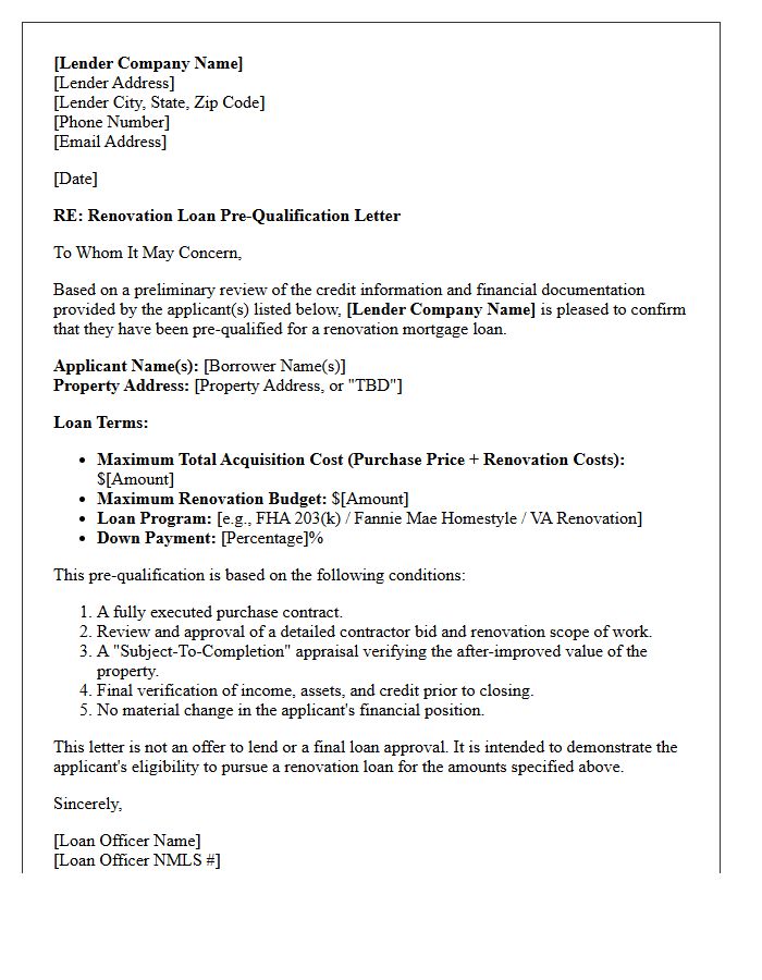 Mortgage Lender Renovation Pre-Qualification Letter