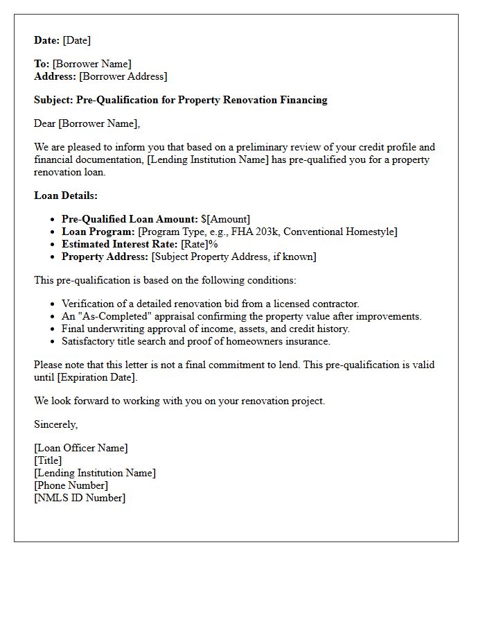 Property Renovation Financing Pre-Qualification Letter
