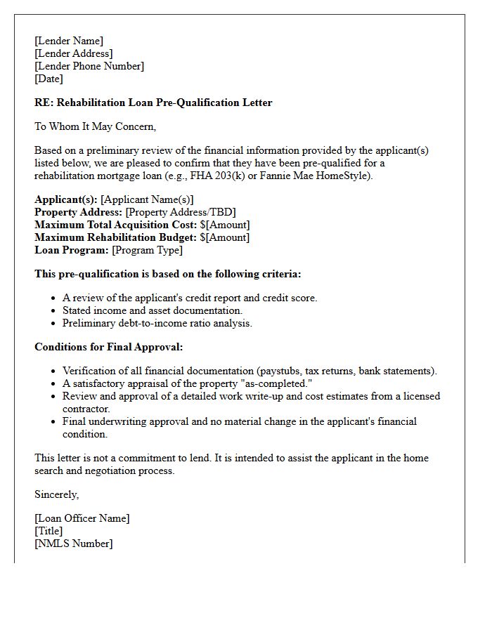 Rehabilitation Loan Pre-Qualification Letter