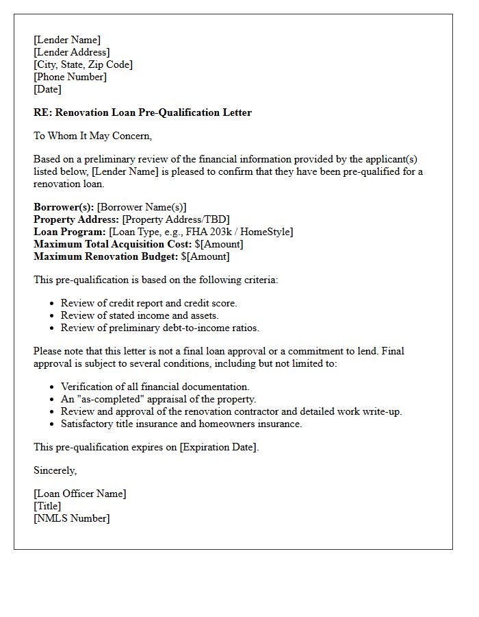 Renovation Loan Pre-Qualification Letter