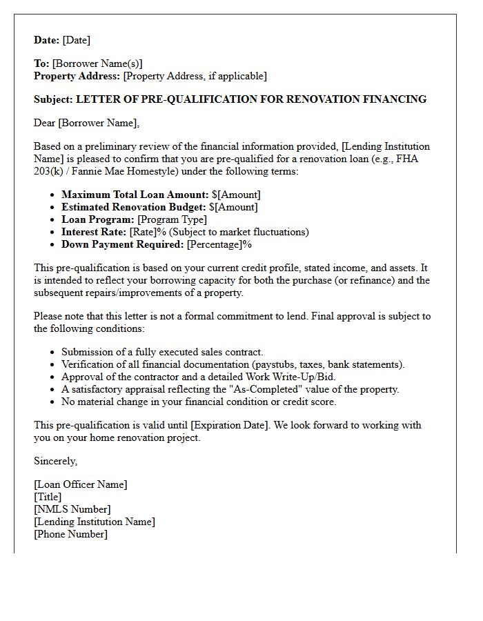 Standard Renovation Loan Pre-Qualification Letter