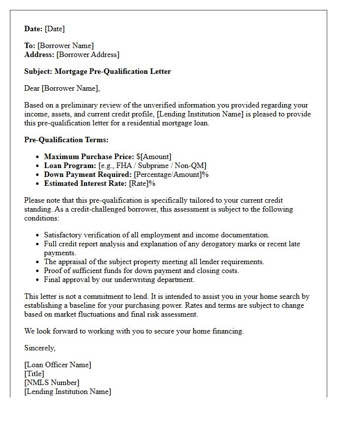 Credit-Challenged Borrower Mortgage Pre-Qualification Letter