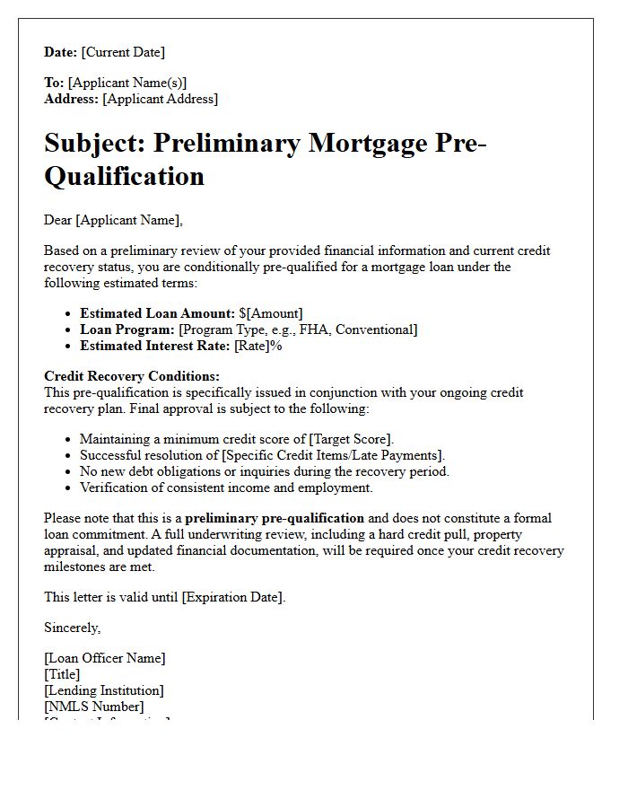 Preliminary Mortgage Pre-Qualification Letter for Credit Recovery
