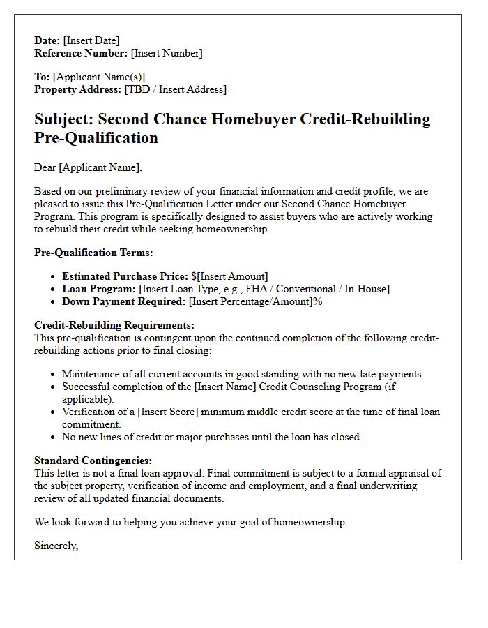 Second Chance Homebuyer Credit-Rebuilding Pre-Qualification Letter
