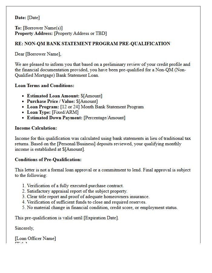 Bank Statement Non-QM Loan Pre-Qualification Letter