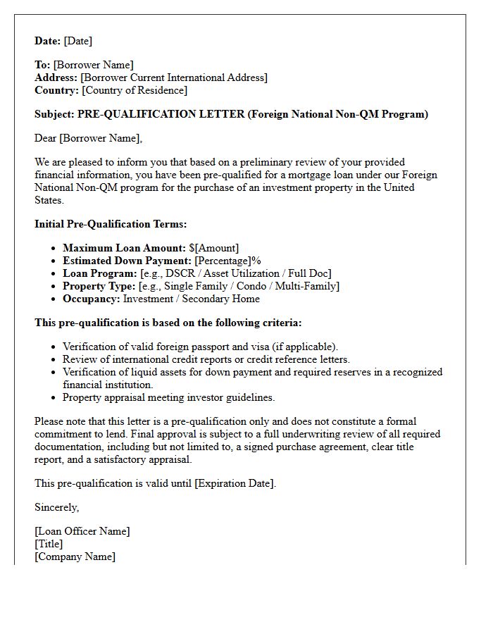 Foreign National Non-QM Pre-Qualification Letter