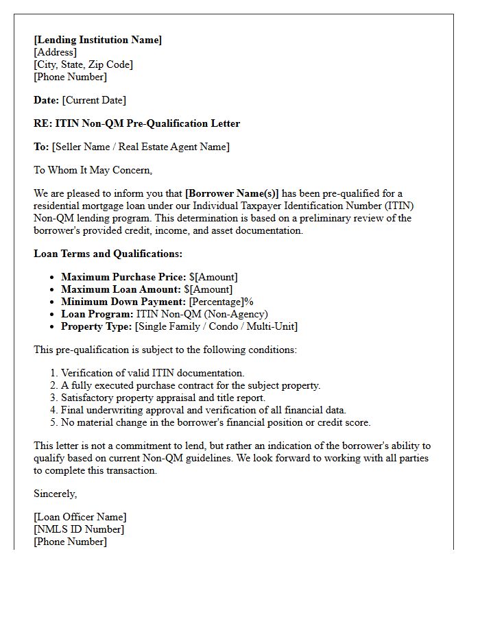 Individual Taxpayer Identification Number Non-QM Pre-Qualification Letter
