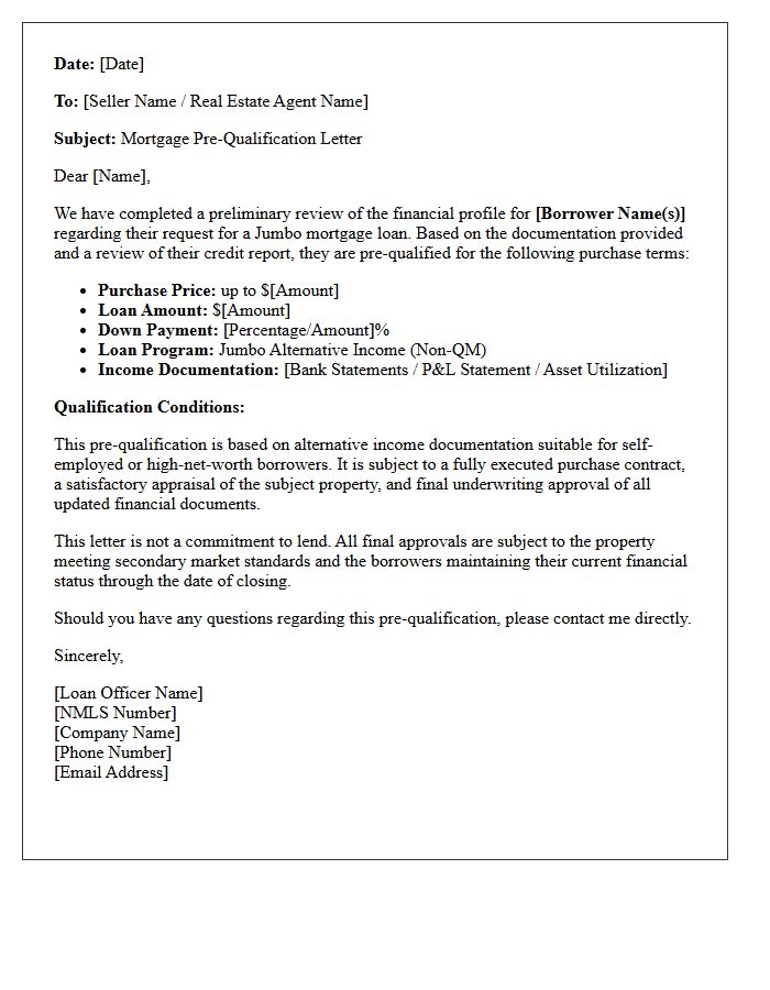 Jumbo Alternative Income Pre-Qualification Letter