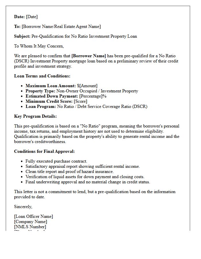 No Ratio Investment Property Pre-Qualification Letter